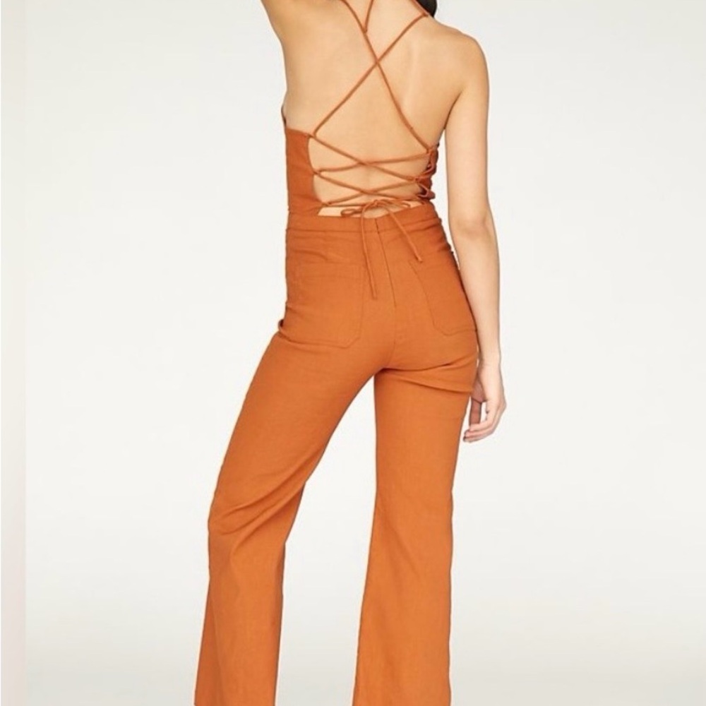 Anthro Maeve Colette Orange Jumpsuit Crisscross Back Sleeveless Wide Leg